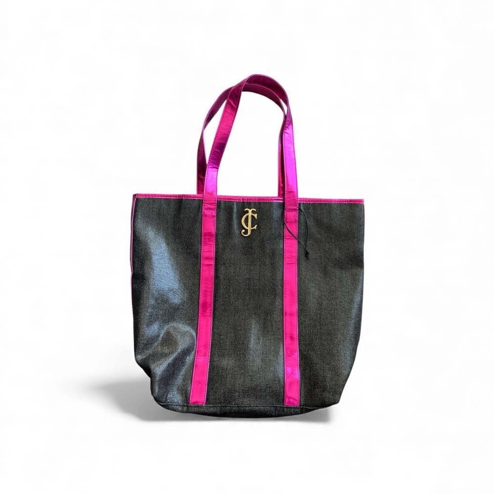 Juicy couture metallic Black Tote Bag with pink trip handle